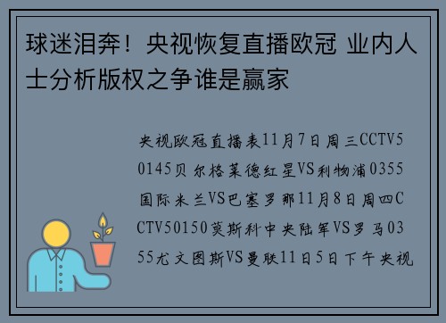 球迷泪奔！央视恢复直播欧冠 业内人士分析版权之争谁是赢家